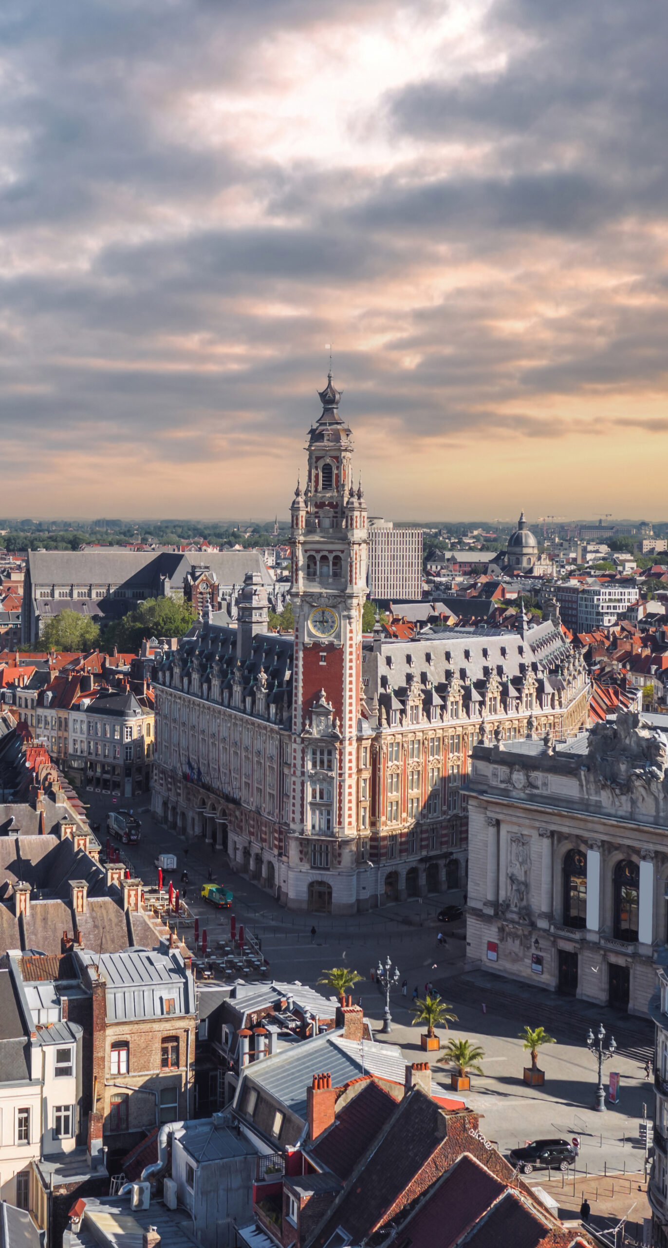 Cityscape of Lille (Hauts-de-france, Flanders, France) at sunset